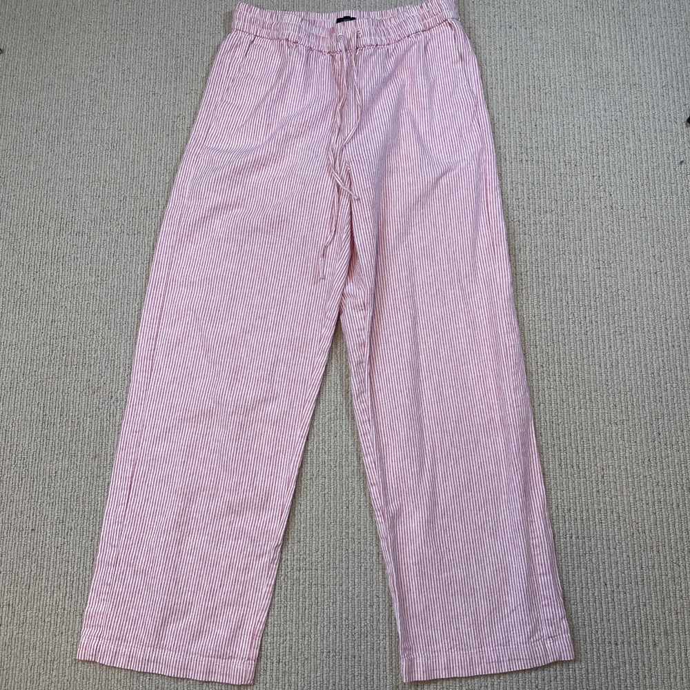 J Crew Women's 4 Linen-Blend Slim Wide-Leg drawstring Pant Pink White Stripe